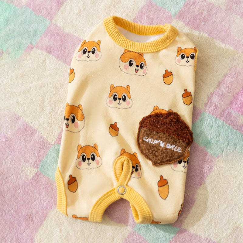 KFX-5034557 Cozy Squirrel Print Dog Jumpsuit with Fuzzy Acorn Pocket, Sleeveless Winter Outfit
