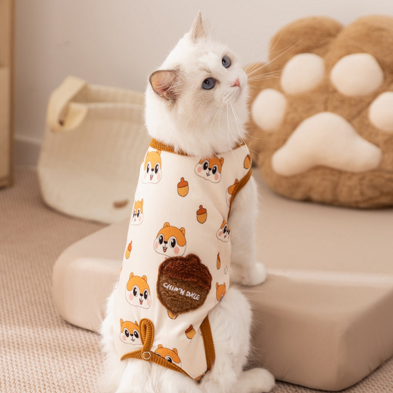 KFX-5034557 Cozy Squirrel Print Dog Jumpsuit with Fuzzy Acorn Pocket, Sleeveless Winter Outfit