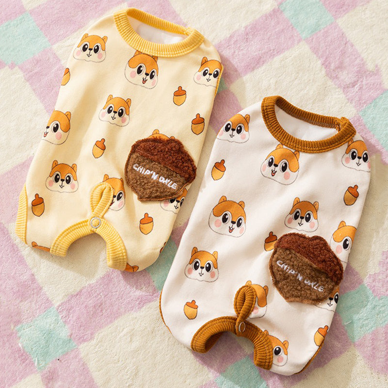 KFX-5034557 Cozy Squirrel Print Dog Jumpsuit with Fuzzy Acorn Pocket, Sleeveless Winter Outfit