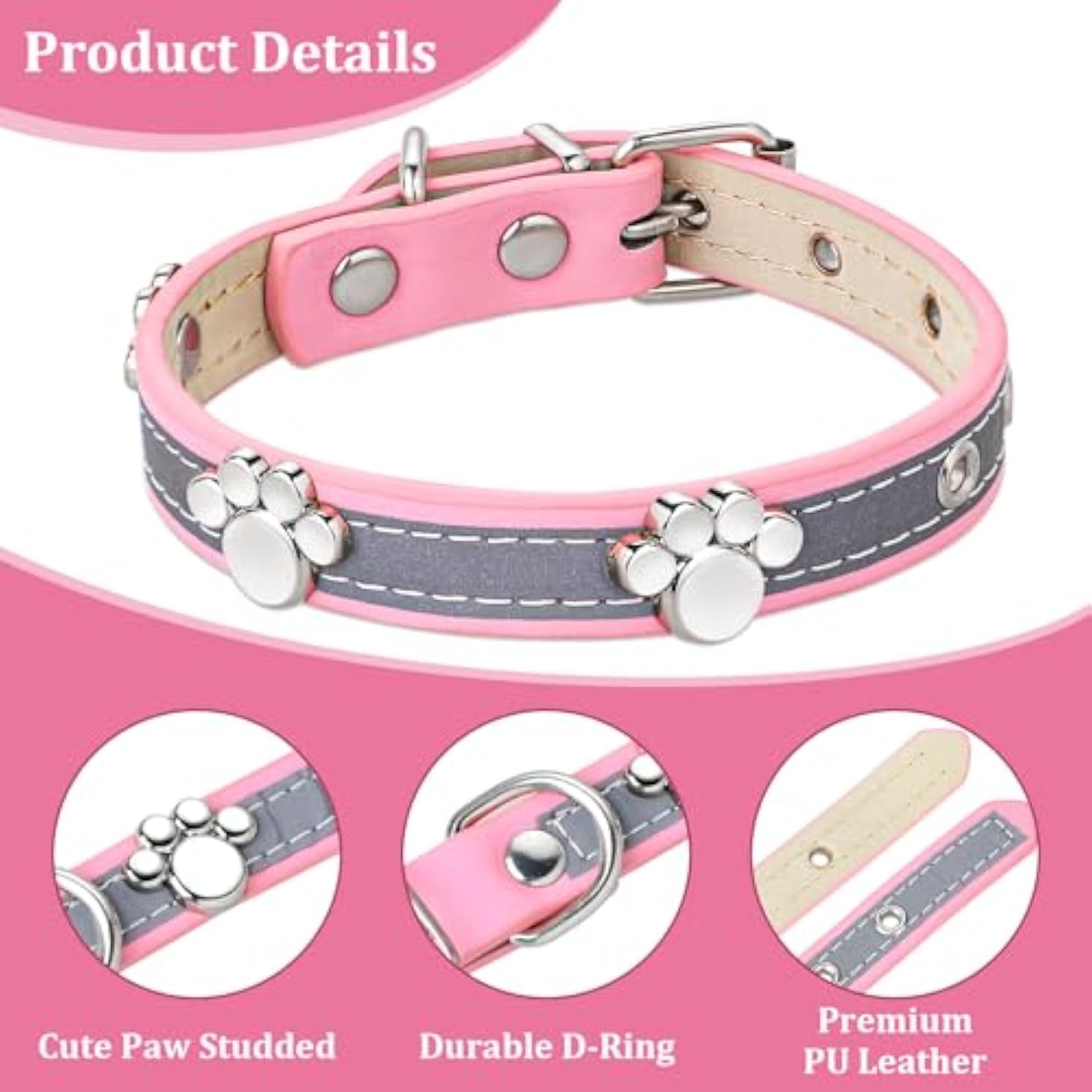 KFX-5037245 Adjustable Reflective PU Leather Dog Collar for Small, Medium, Large Dogs and Cats with Cute Paw Rivet Design