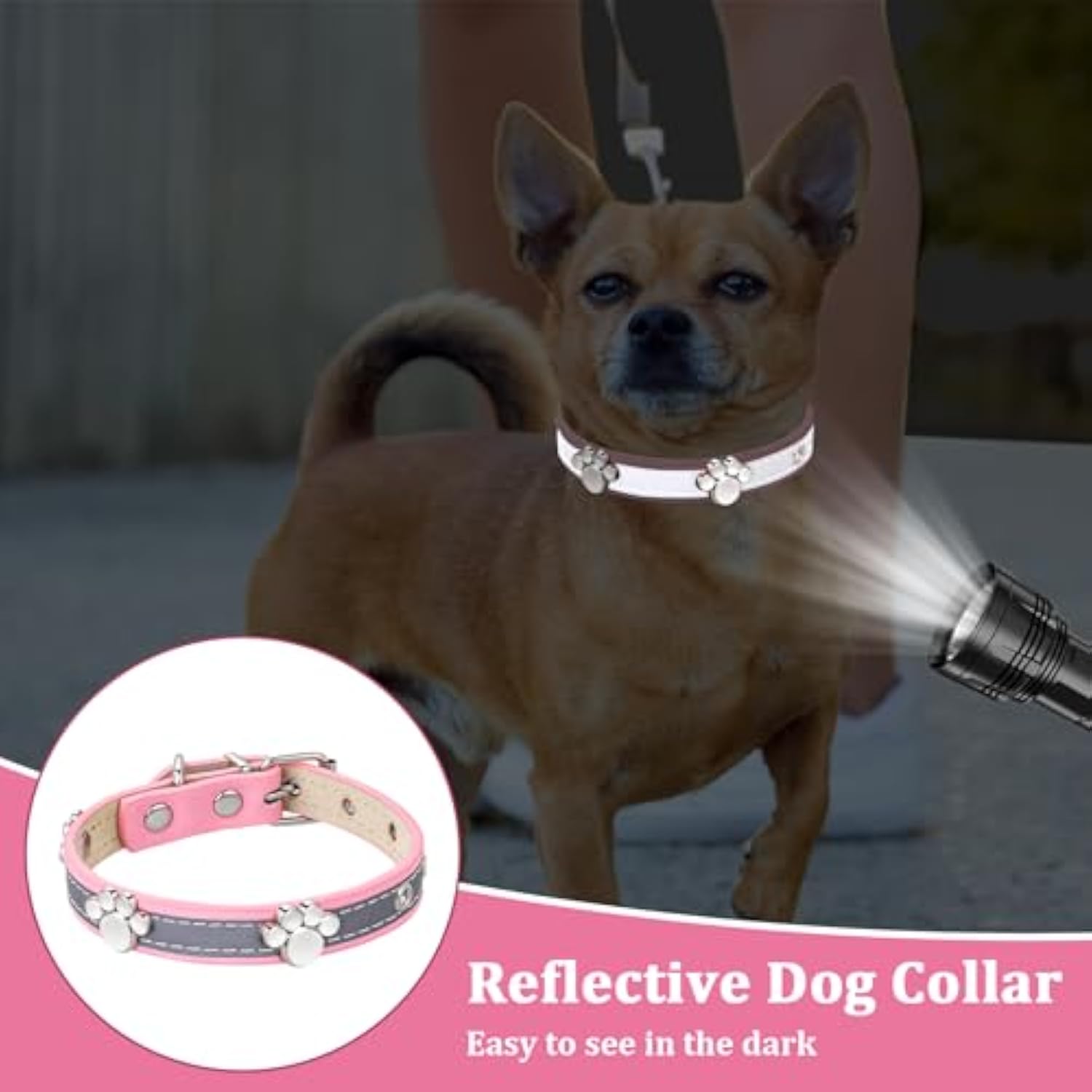 KFX-5037245 Adjustable Reflective PU Leather Dog Collar for Small, Medium, Large Dogs and Cats with Cute Paw Rivet Design