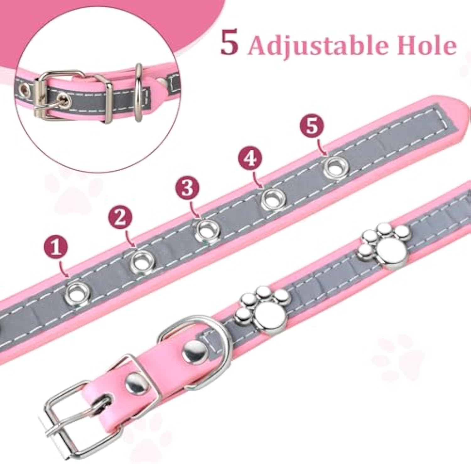 KFX-5037245 Adjustable Reflective PU Leather Dog Collar for Small, Medium, Large Dogs and Cats with Cute Paw Rivet Design