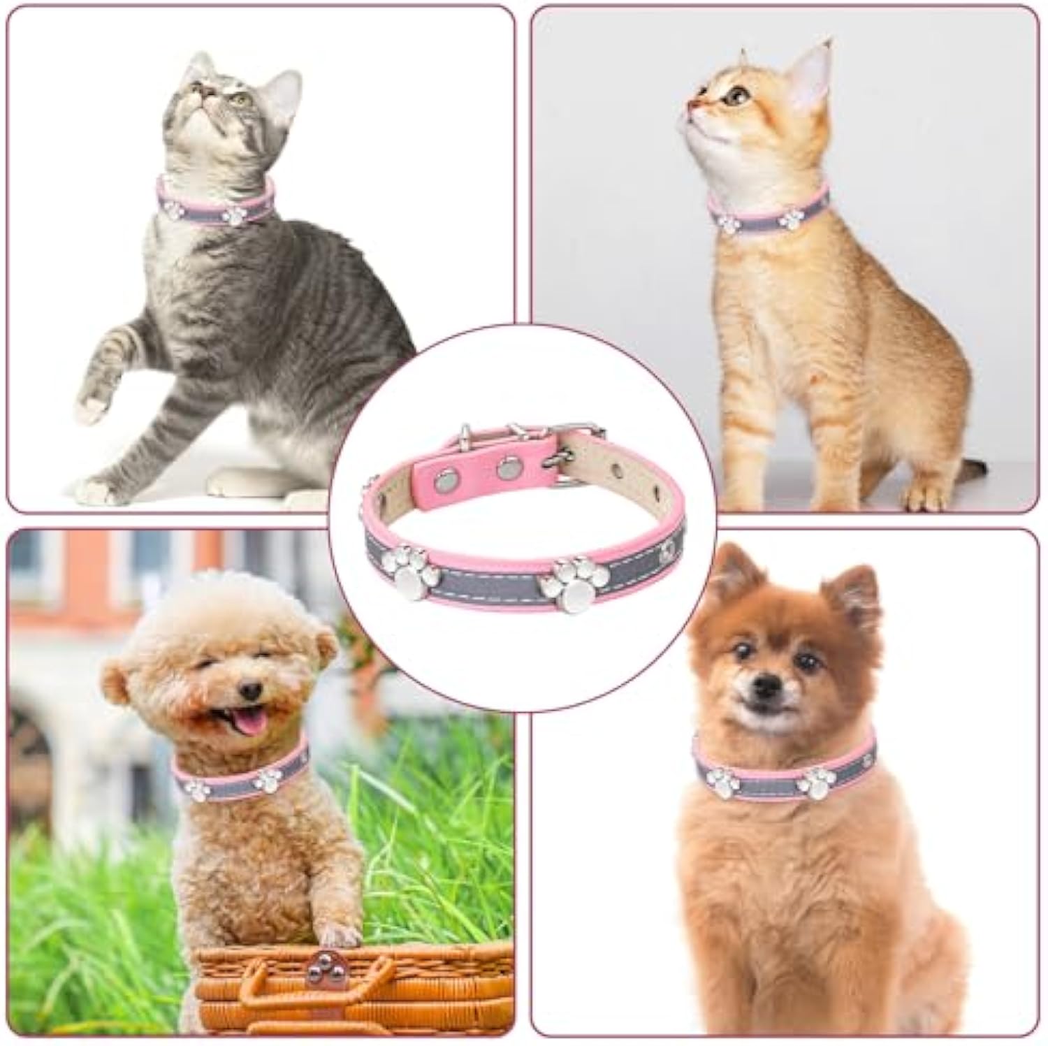 KFX-5037245 Adjustable Reflective PU Leather Dog Collar for Small, Medium, Large Dogs and Cats with Cute Paw Rivet Design