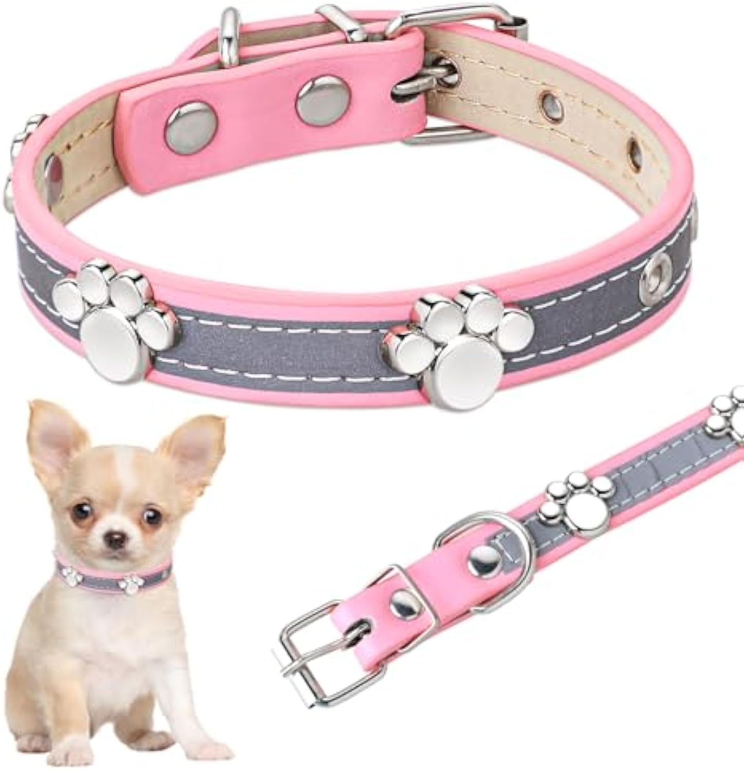 KFX-5037245 Adjustable Reflective PU Leather Dog Collar for Small, Medium, Large Dogs and Cats with Cute Paw Rivet Design