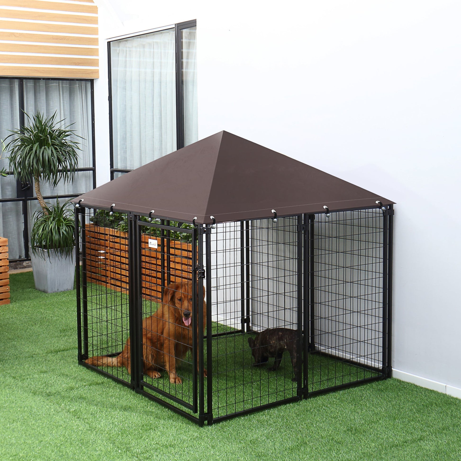 KFX-5039421 Heavy Duty Outdoor Dog Kennel with Waterproof Cover, 4.6' x 4.6' x 5', Lockable Gate for Medium Dogs