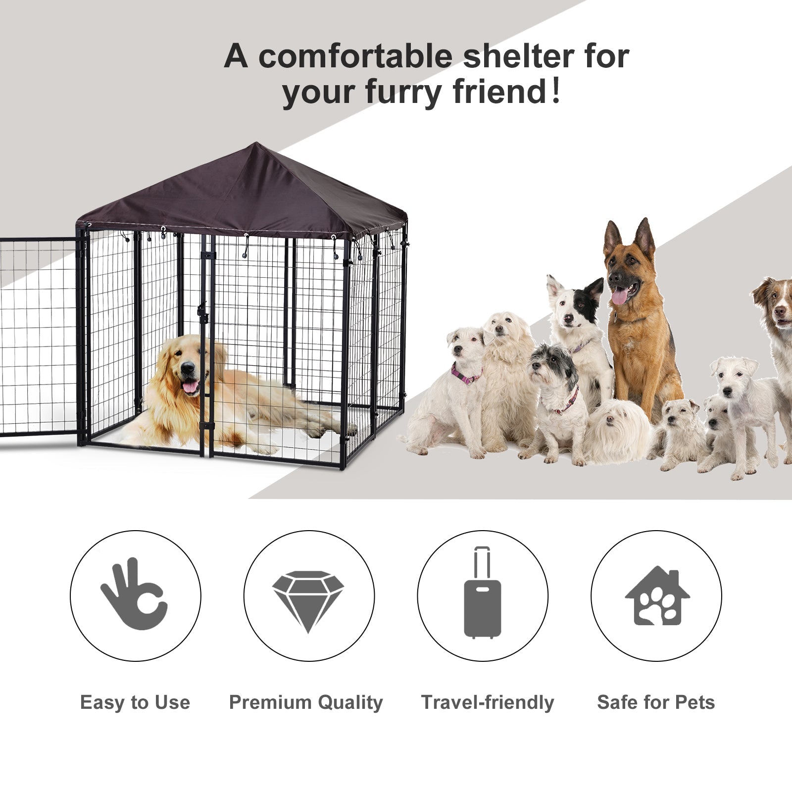 KFX-5039421 Heavy Duty Outdoor Dog Kennel with Waterproof Cover, 4.6' x 4.6' x 5', Lockable Gate for Medium Dogs