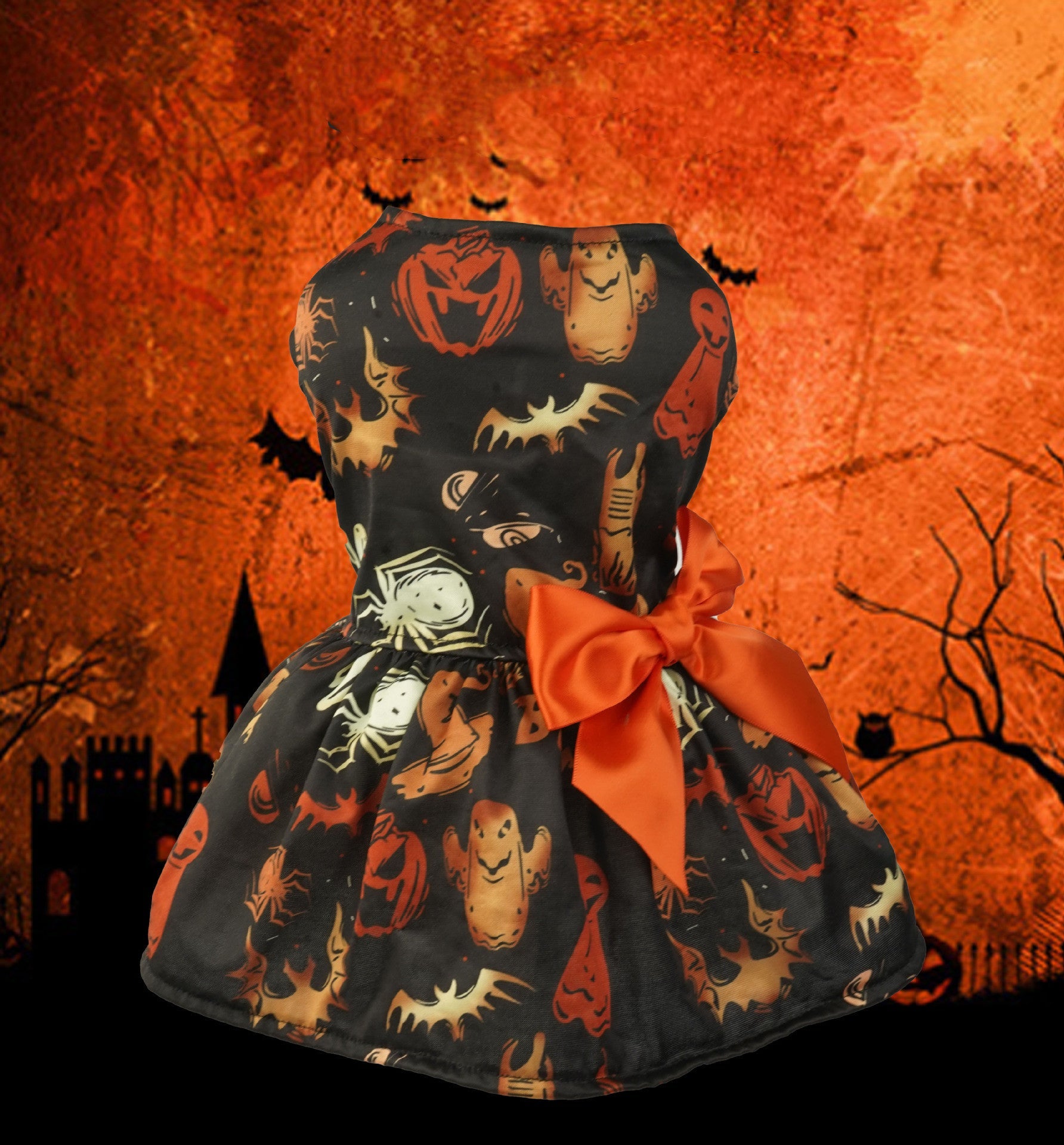 KFX-5048893 Pumpkin Print Mesh Dress for Small Dogs and Cats - Black Costume for Chihuahua, Yorkie, and Pets