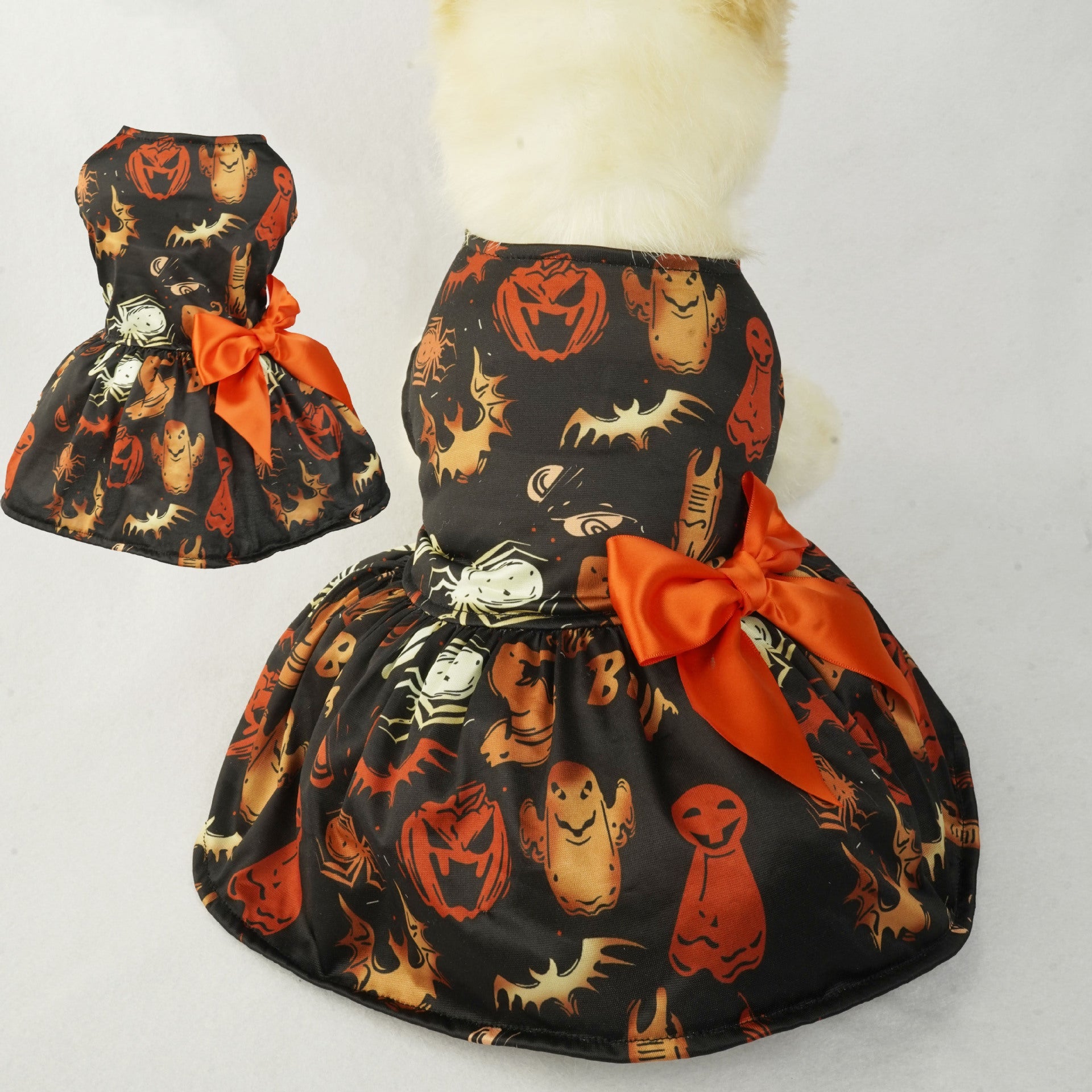 KFX-5048893 Pumpkin Print Mesh Dress for Small Dogs and Cats - Black Costume for Chihuahua, Yorkie, and Pets