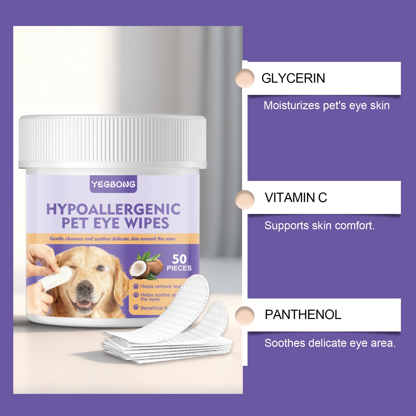 KFX-5049149 Hypoallergenic Eye Cleaning Wipes for Pets - 50 Count Pack with Aloe Vera and Coconut Oil