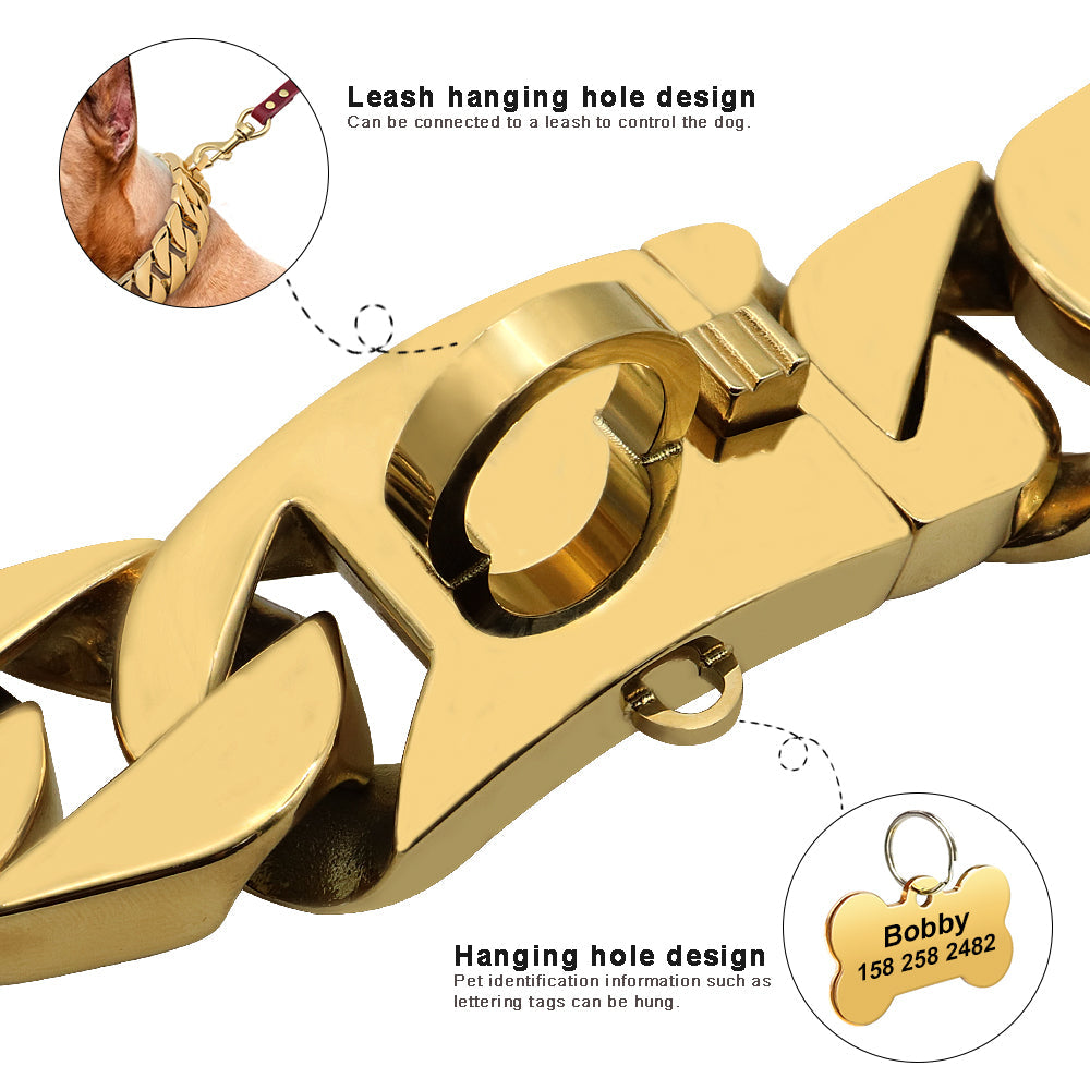 KFX-5049277 Gold Stainless Steel Dog Collar - 32mm Width, Multiple Lengths Available (40cm to 65cm)