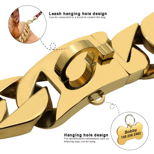 KFX-5049277 Gold Stainless Steel Dog Collar - 32mm Width, Multiple Lengths Available (40cm to 65cm)
