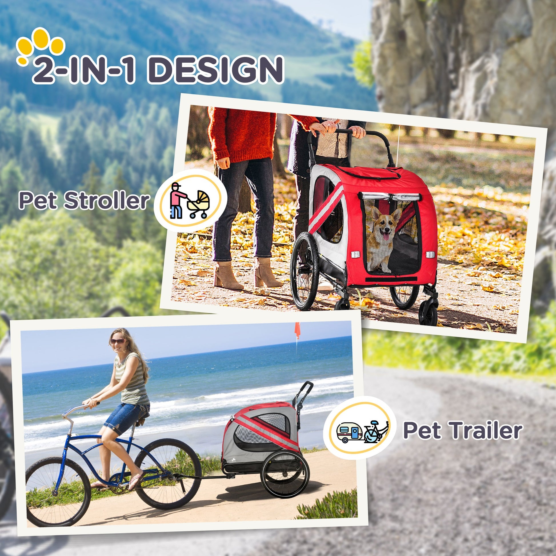 KFX-5052733 2-in-1 Pet Bike Trailer and Stroller Trolley for Small Dogs with Weather-Resistant Fabric and Safety Features