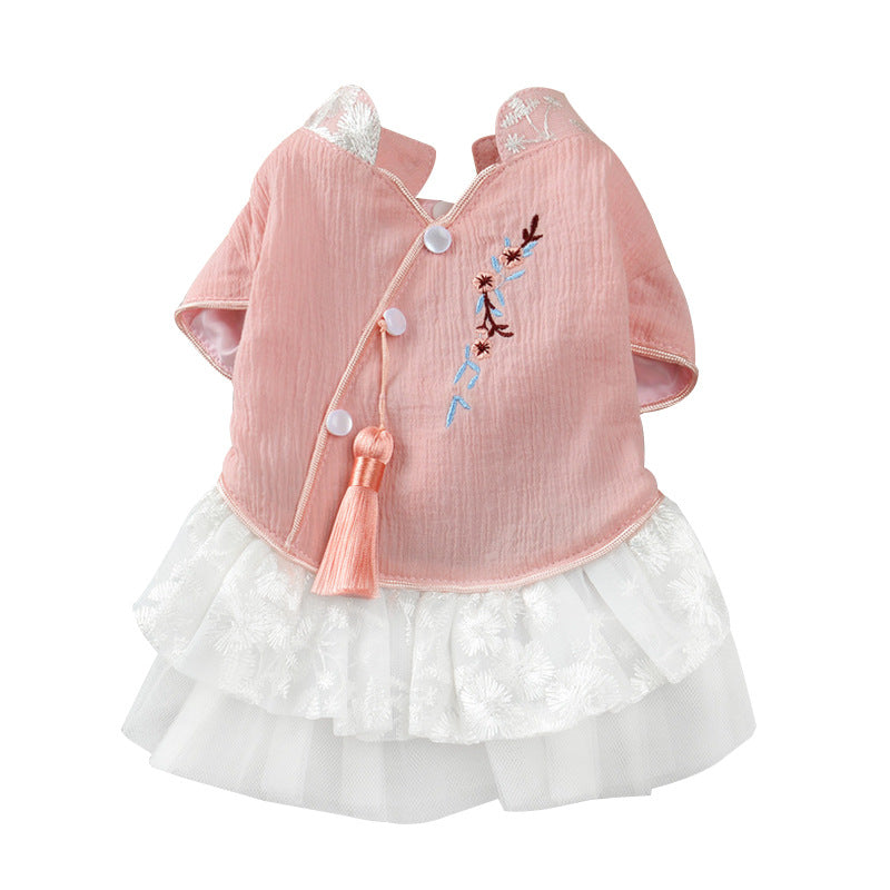 KFX-5057597 Chinese Style Hanfu Embroidered Pettiskirt for Dogs in Pink and Blue