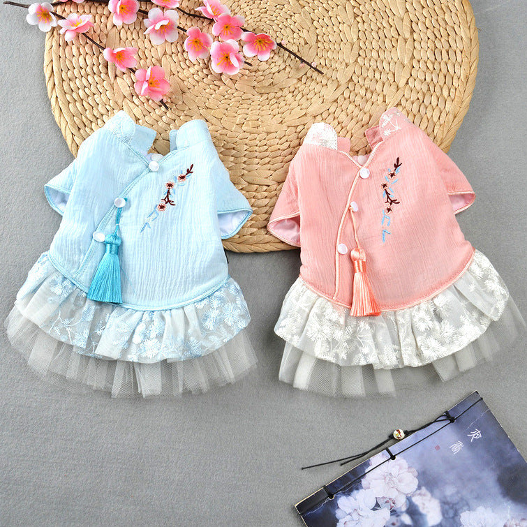 KFX-5057597 Chinese Style Hanfu Embroidered Pettiskirt for Dogs in Pink and Blue