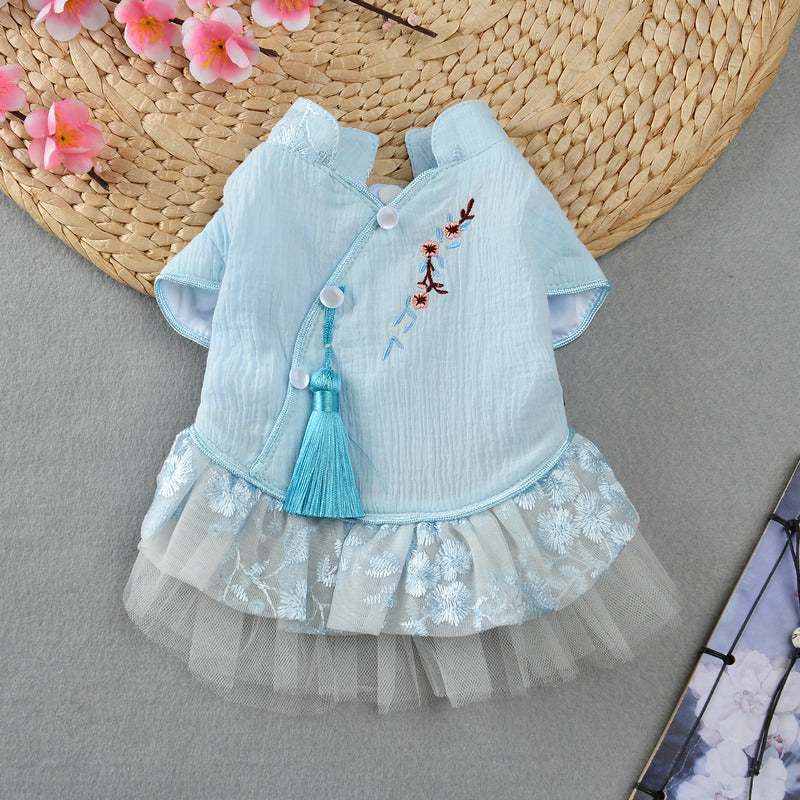 KFX-5057597 Chinese Style Hanfu Embroidered Pettiskirt for Dogs in Pink and Blue