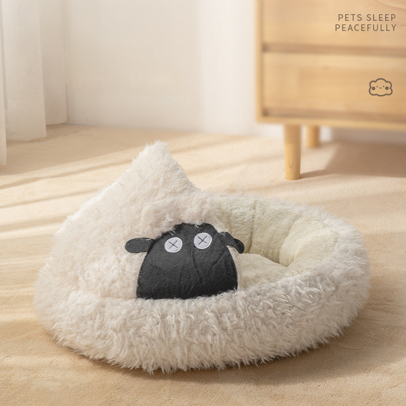 KFX-5068605 Cozy Lamb Shape Cat Cave Bed for Winter - Semi-Closed Round Design, Available in S and M Sizes