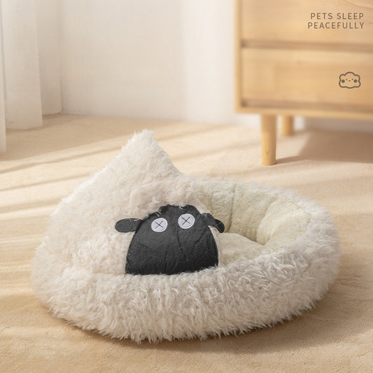 KFX-5068605 Cozy Lamb Shape Cat Cave Bed for Winter - Semi-Closed Round Design, Available in S and M Sizes