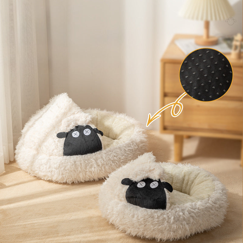 KFX-5068605 Cozy Lamb Shape Cat Cave Bed for Winter - Semi-Closed Round Design, Available in S and M Sizes
