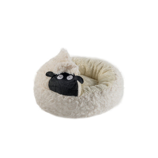 KFX-5068605 Cozy Lamb Shape Cat Cave Bed for Winter - Semi-Closed Round Design, Available in S and M Sizes