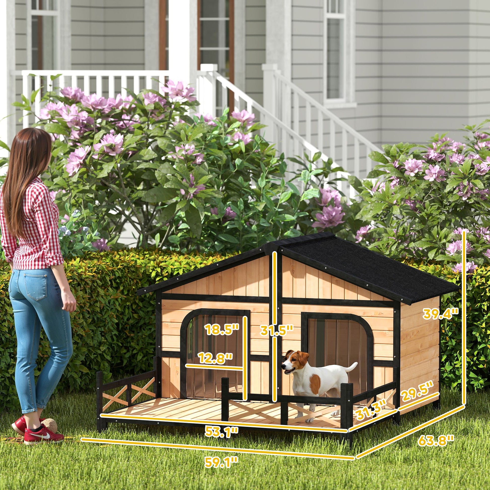 KFX-5072189 Wooden Dog House with Porch, Weatherproof Double Room for Small to Medium Breeds, Openable Roof and Removable Bottom