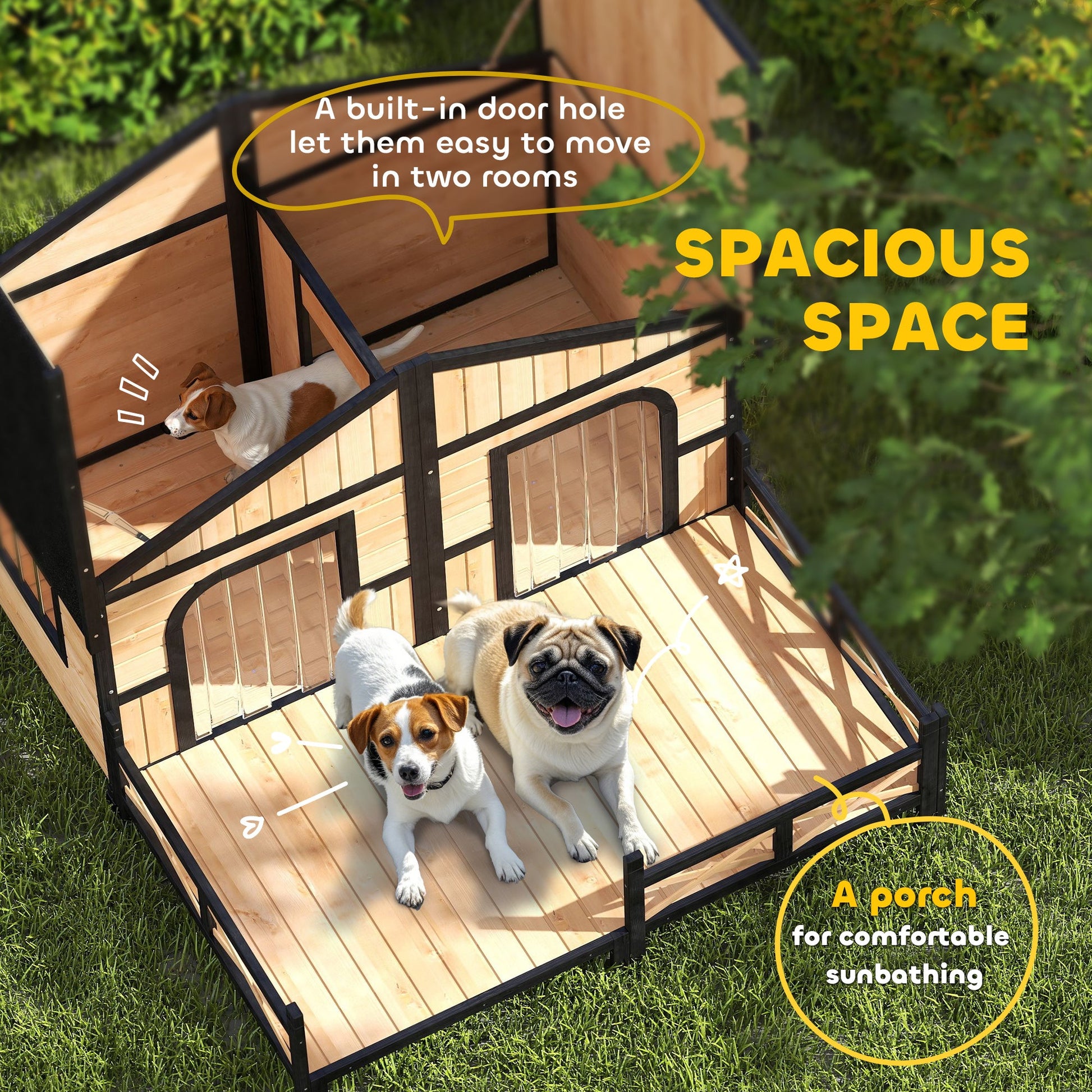 KFX-5072189 Wooden Dog House with Porch, Weatherproof Double Room for Small to Medium Breeds, Openable Roof and Removable Bottom