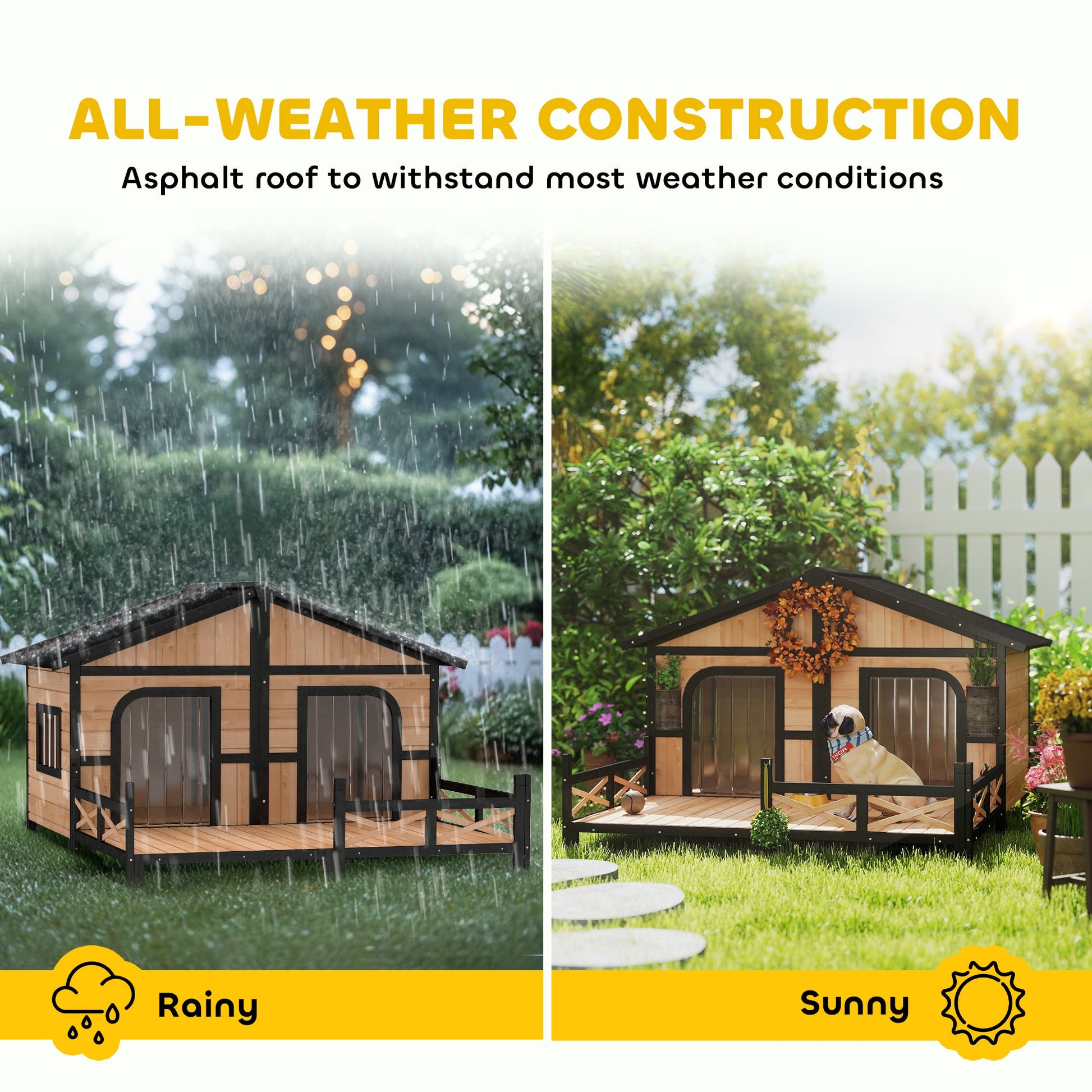 KFX-5072189 Wooden Dog House with Porch, Weatherproof Double Room for Small to Medium Breeds, Openable Roof and Removable Bottom