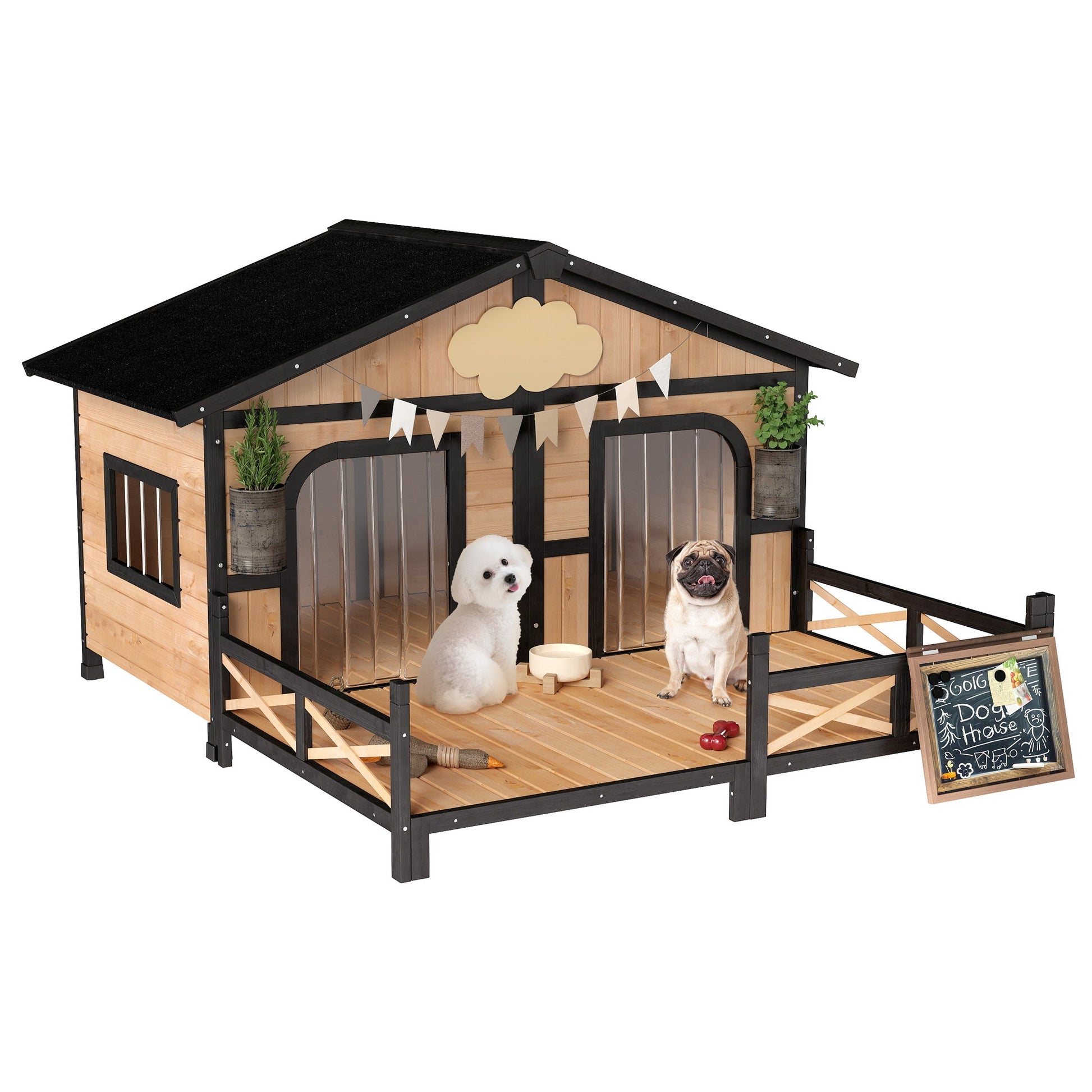 KFX-5072189 Wooden Dog House with Porch, Weatherproof Double Room for Small to Medium Breeds, Openable Roof and Removable Bottom