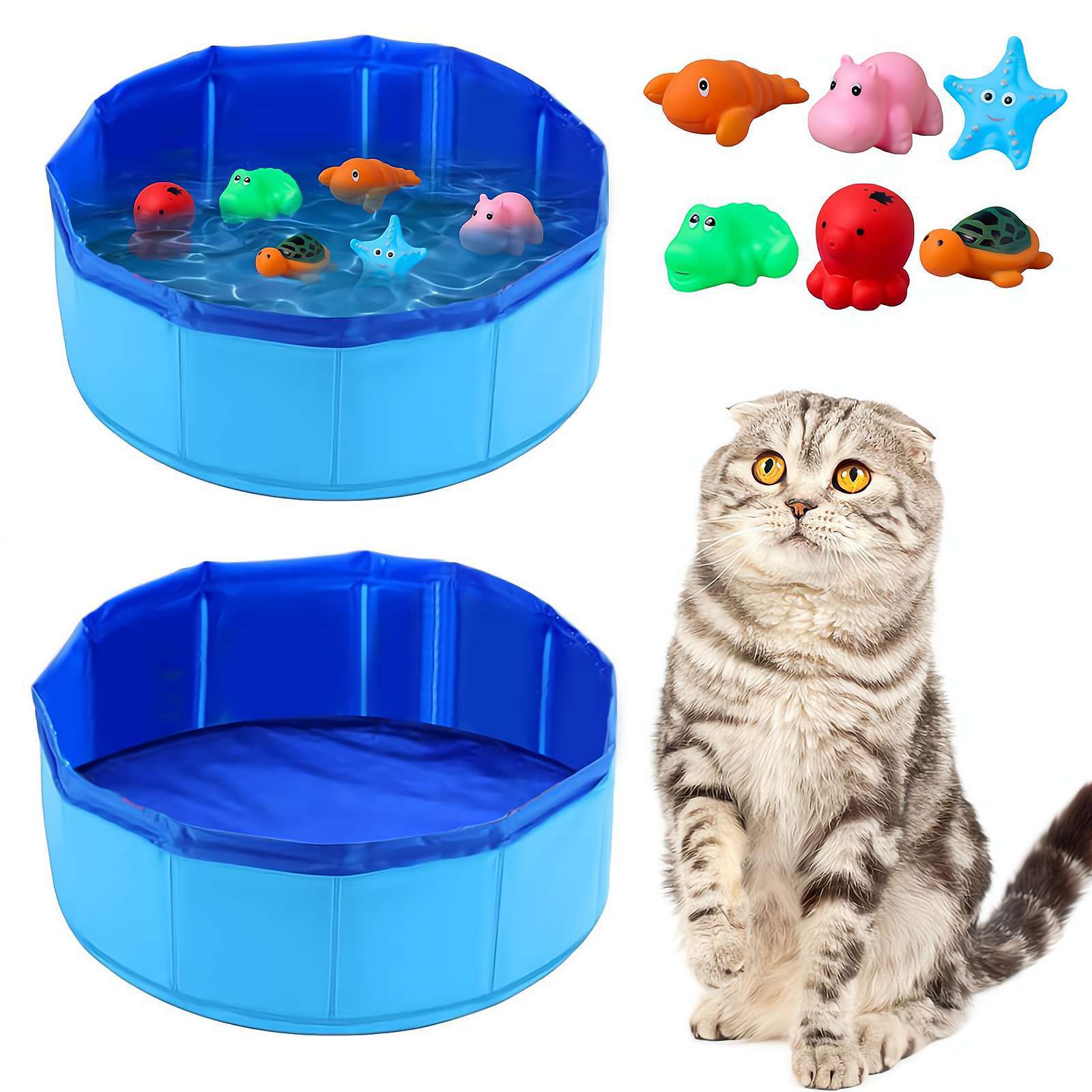 KFX-5075773 Folding Vinyl Pool with 6 Tweak Toys for Dogs - Blue 30x10cm & 50x8cm Options