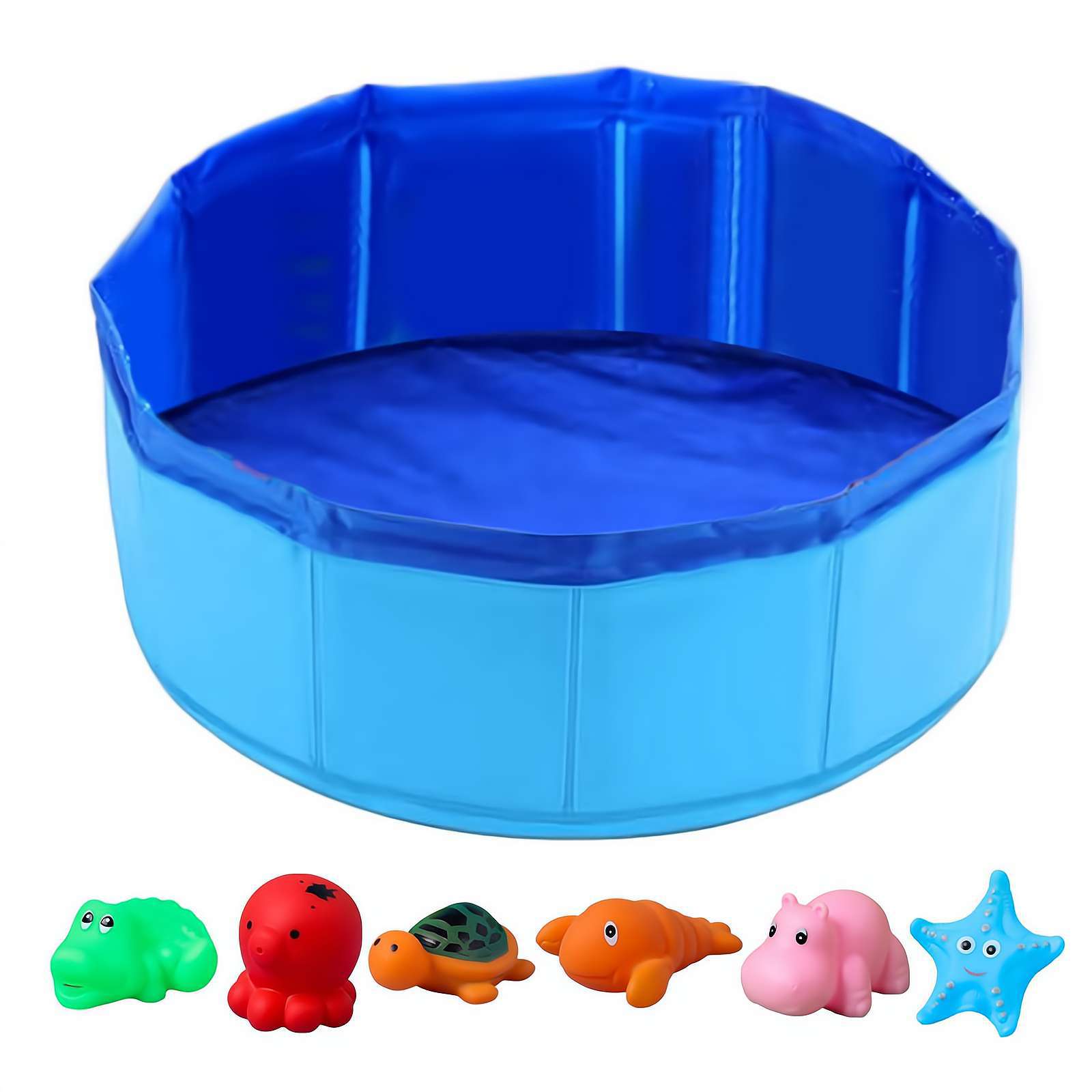KFX-5075773 Folding Vinyl Pool with 6 Tweak Toys for Dogs - Blue 30x10cm & 50x8cm Options