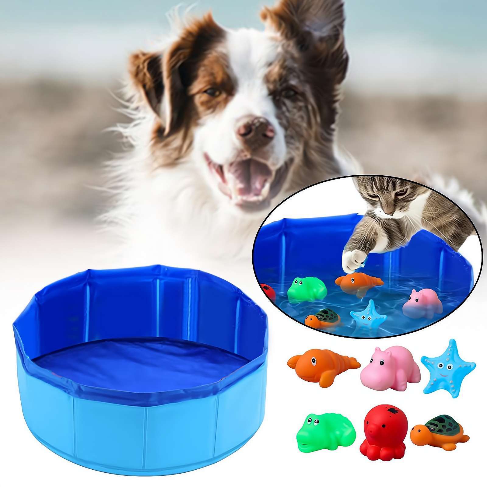 KFX-5075773 Folding Vinyl Pool with 6 Tweak Toys for Dogs - Blue 30x10cm & 50x8cm Options