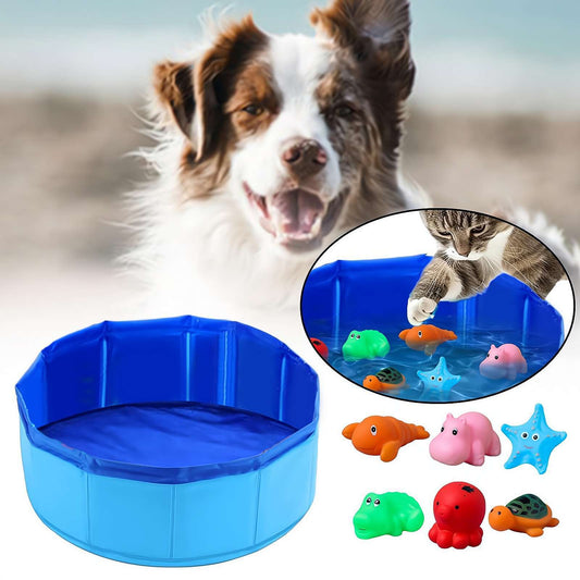 KFX-5075773 Folding Vinyl Pool with 6 Tweak Toys for Dogs - Blue 30x10cm & 50x8cm Options