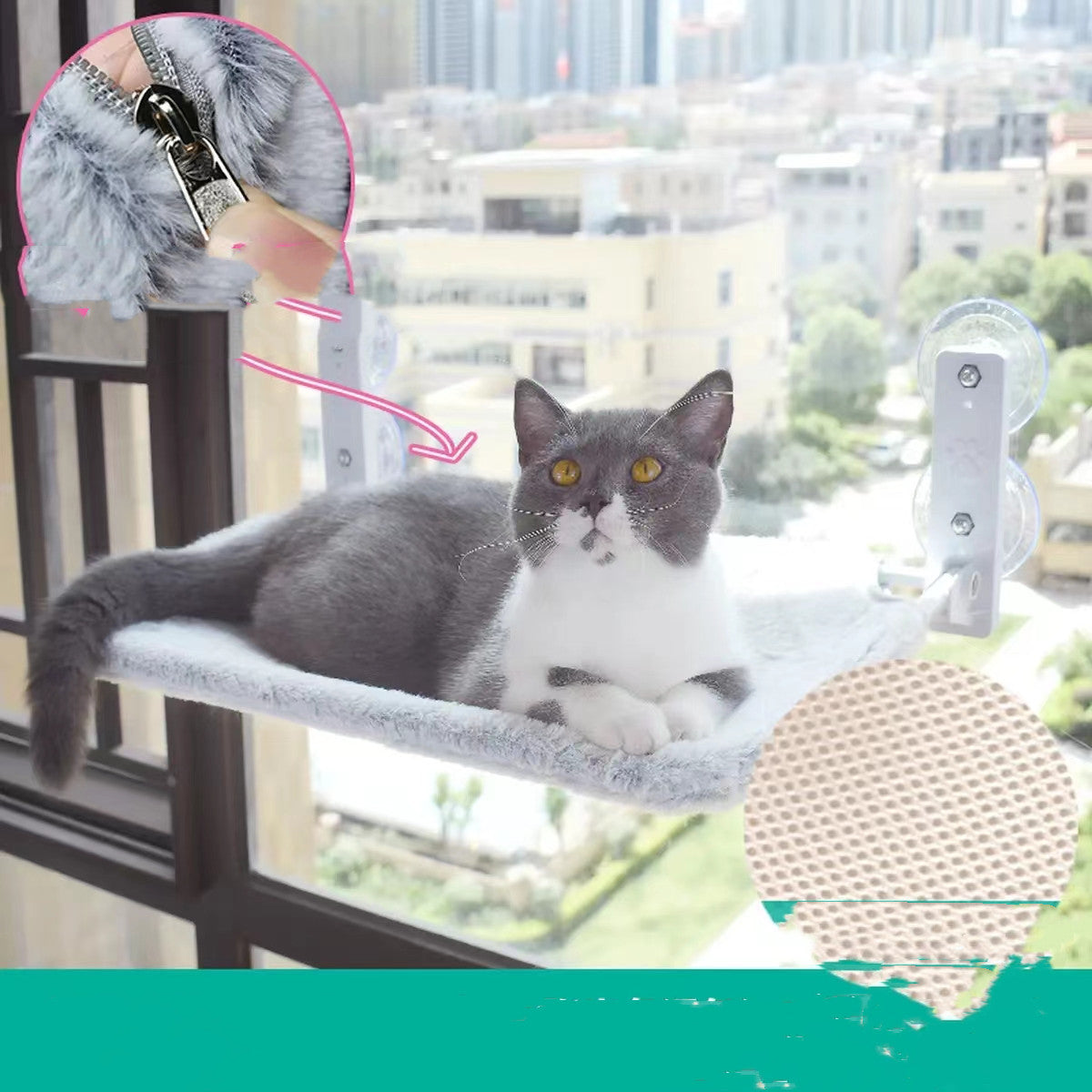 KFX-5075901 Cat Suction Cup Window Hammock - Breathable Mesh Plush Fabric, Stylish Pet Bed for Cats