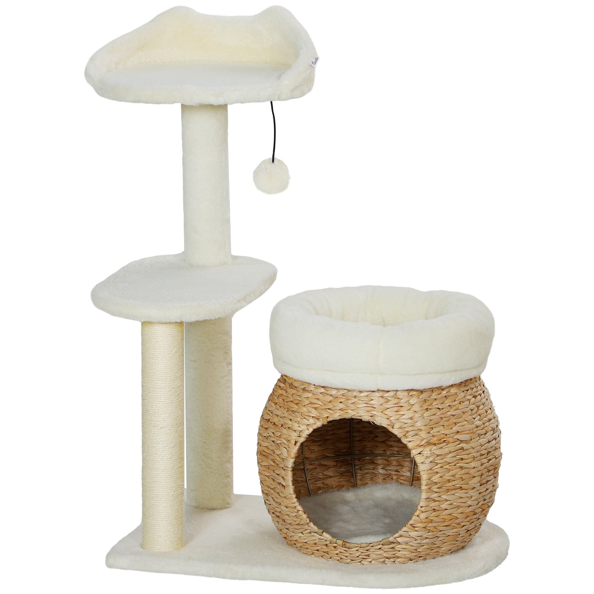 KFX-5077565 31" Cat Tree Tower with Scratching Posts, Cozy Beds, Platform, and Toy Ball for Indoor Cats in Cream White