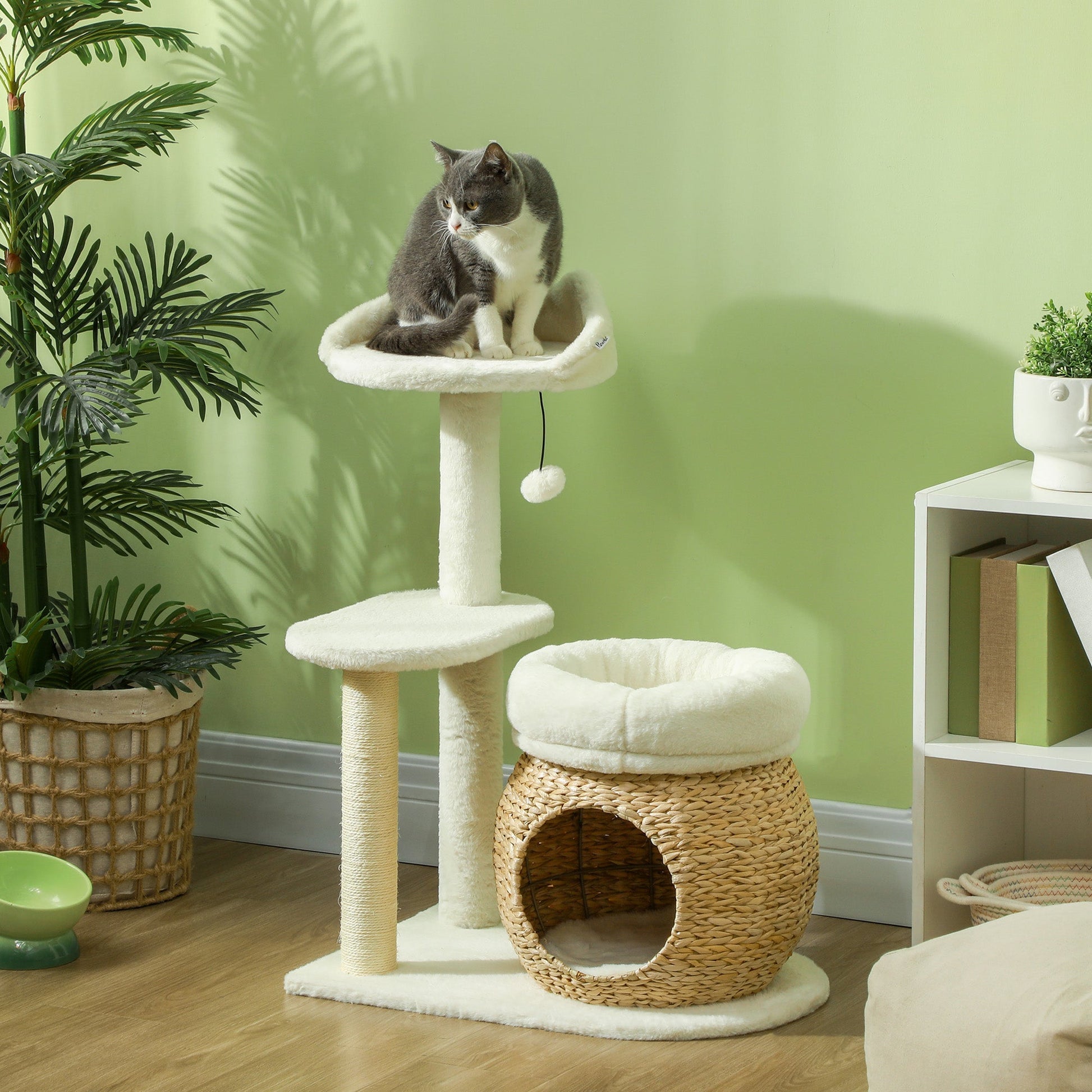 KFX-5077565 31" Cat Tree Tower with Scratching Posts, Cozy Beds, Platform, and Toy Ball for Indoor Cats in Cream White