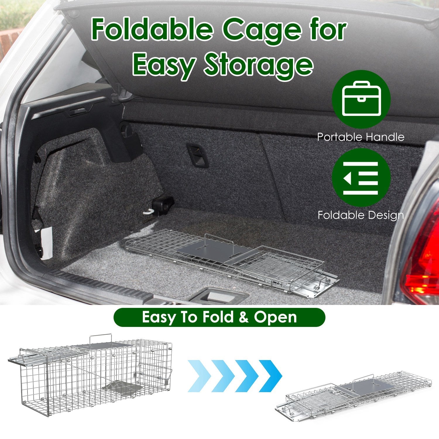 KFX-5077949 24-Inch Folding Humane Animal Trap Cage for Small Pets, Galvanized Steel Construction, Easy Setup and Release