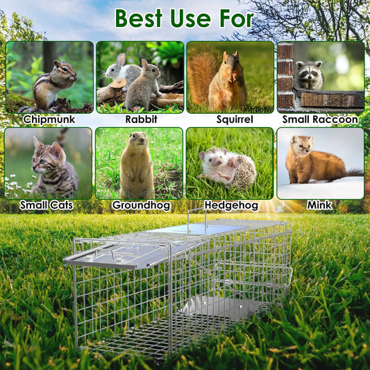 KFX-5077949 24-Inch Folding Humane Animal Trap Cage for Small Pets, Galvanized Steel Construction, Easy Setup and Release
