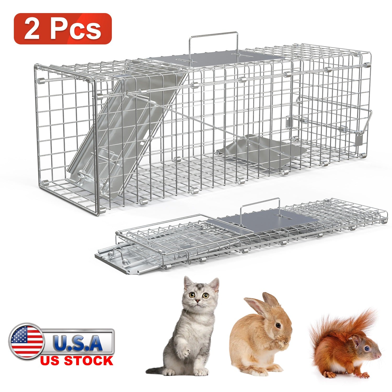 KFX-5077949 24-Inch Folding Humane Animal Trap Cage for Small Pets, Galvanized Steel Construction, Easy Setup and Release