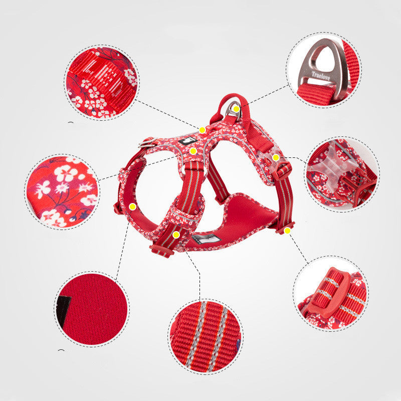 KFX-5078461 Reflective Floral Printed Pet Dog Leash and Chest Harness Set