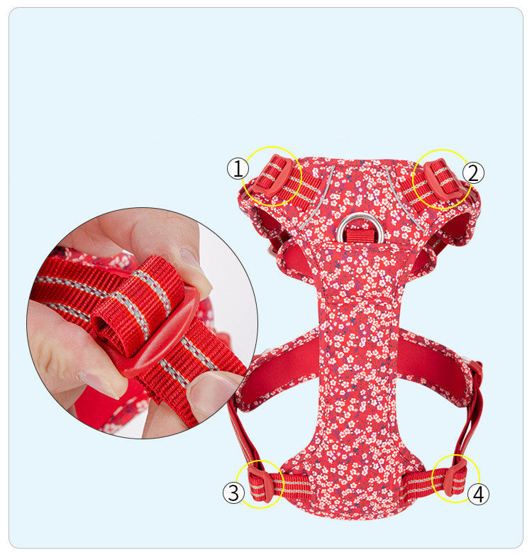 KFX-5078461 Reflective Floral Printed Pet Dog Leash and Chest Harness Set