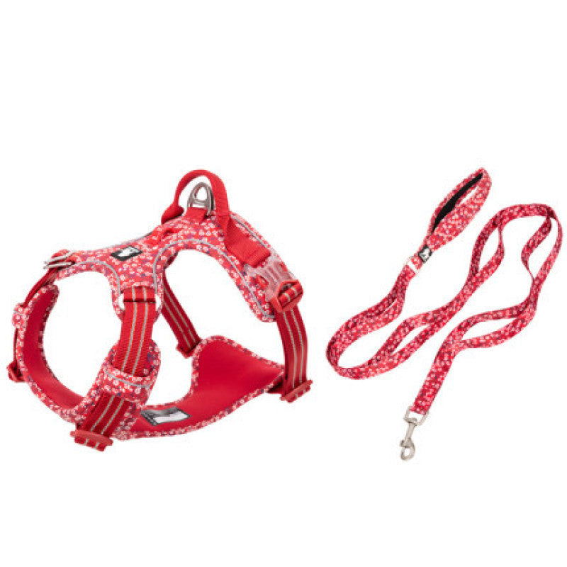 KFX-5078461 Reflective Floral Printed Pet Dog Leash and Chest Harness Set