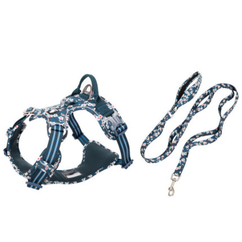 KFX-5078461 Reflective Floral Printed Pet Dog Leash and Chest Harness Set