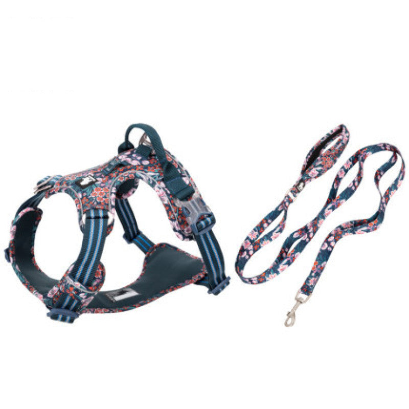 KFX-5078461 Reflective Floral Printed Pet Dog Leash and Chest Harness Set