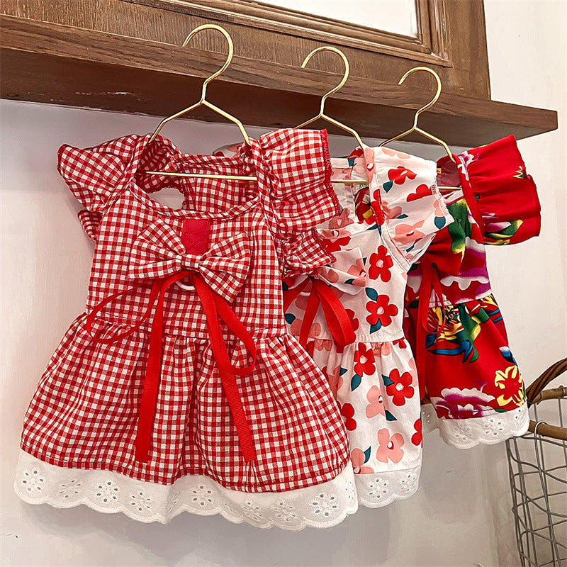 KFX-5081661 Flounced Sleeve Dress for Pets in Pansy, Red Plaid, and Floral Styles