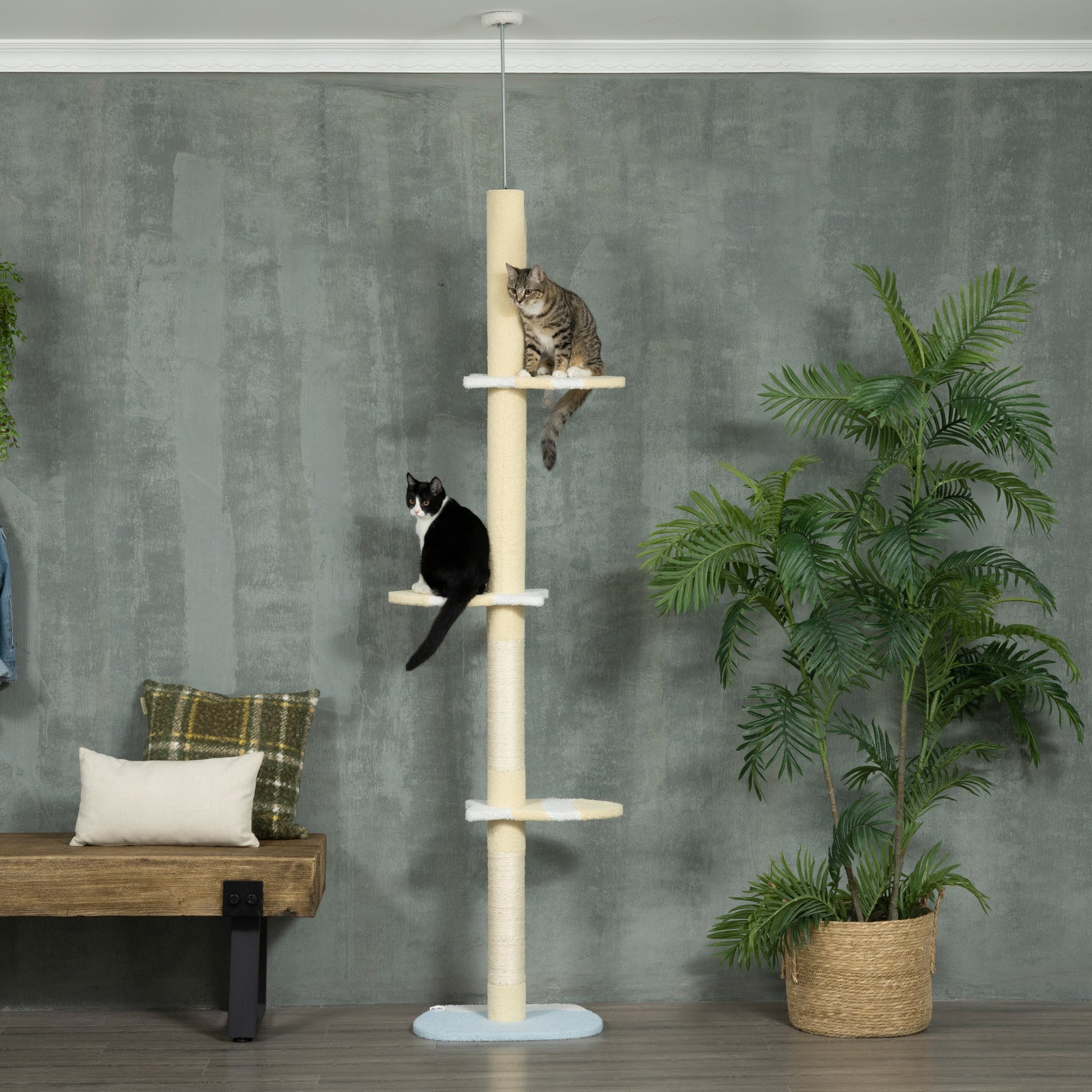 KFX-5083325 Adjustable Floor-to-Ceiling Cat Tree with Multi-Level Platforms, Scratching Posts, and Cozy Hammock - Dark Gray and Cream