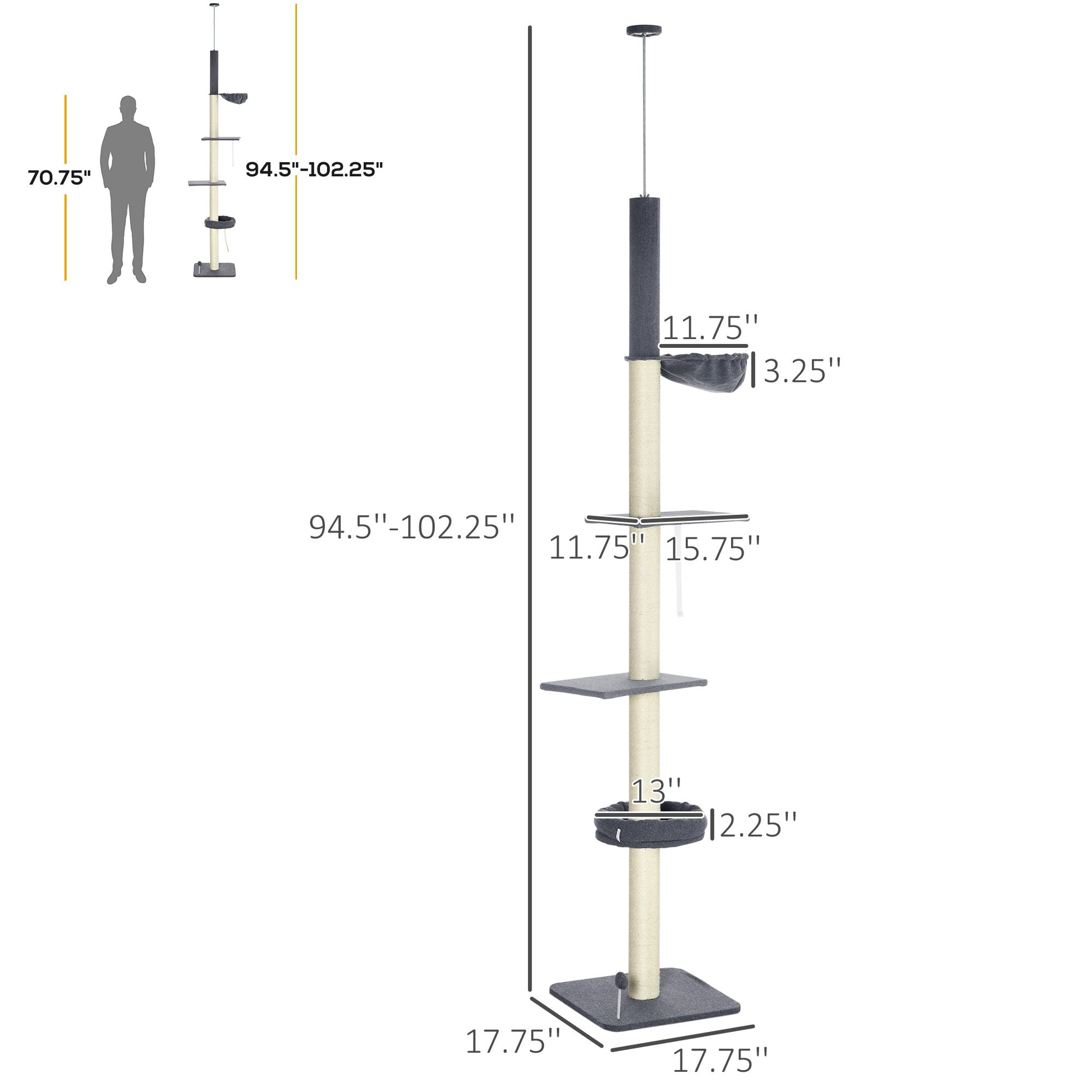 KFX-5083325 Adjustable Floor-to-Ceiling Cat Tree with Multi-Level Platforms, Scratching Posts, and Cozy Hammock - Dark Gray and Cream