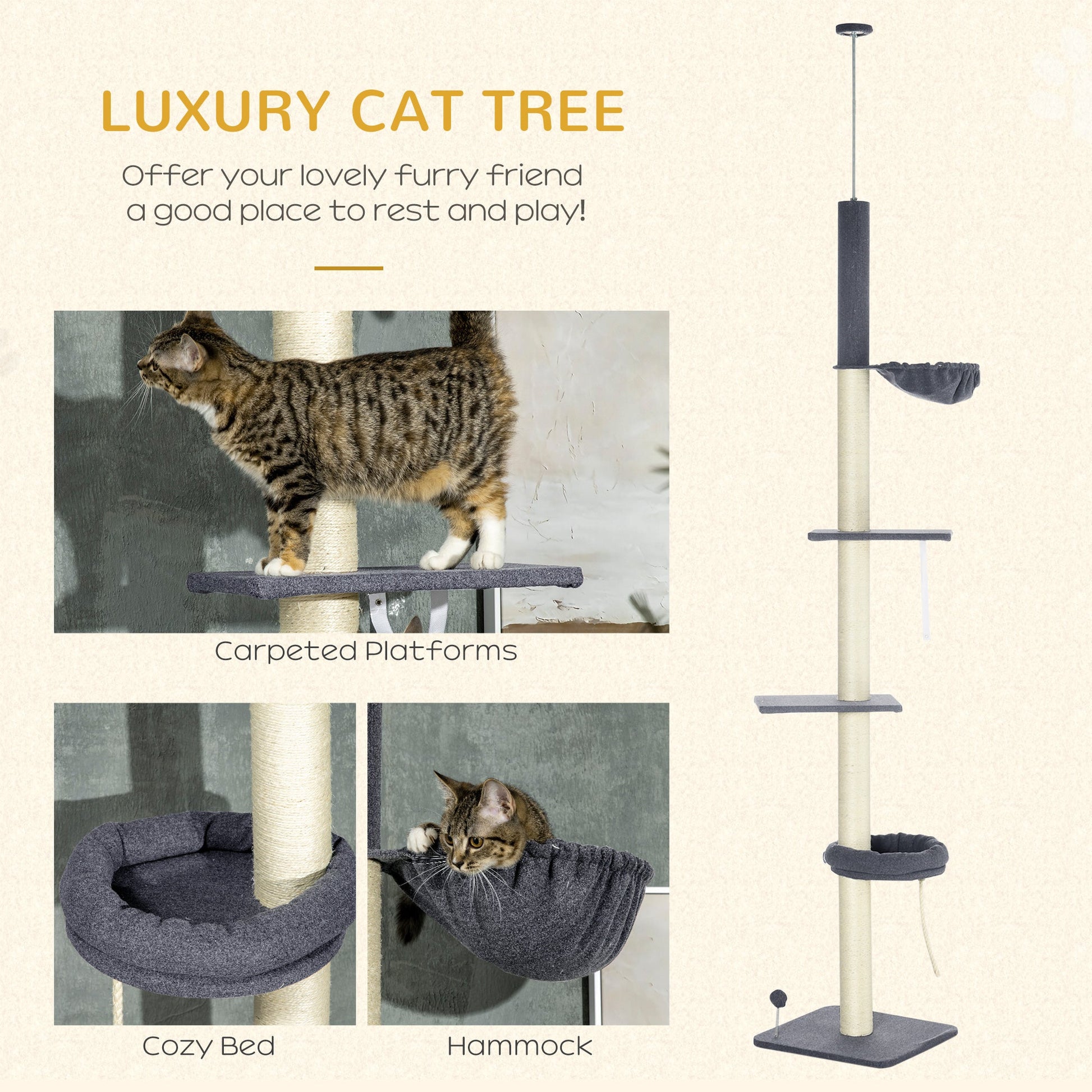 KFX-5083325 Adjustable Floor-to-Ceiling Cat Tree with Multi-Level Platforms, Scratching Posts, and Cozy Hammock - Dark Gray and Cream