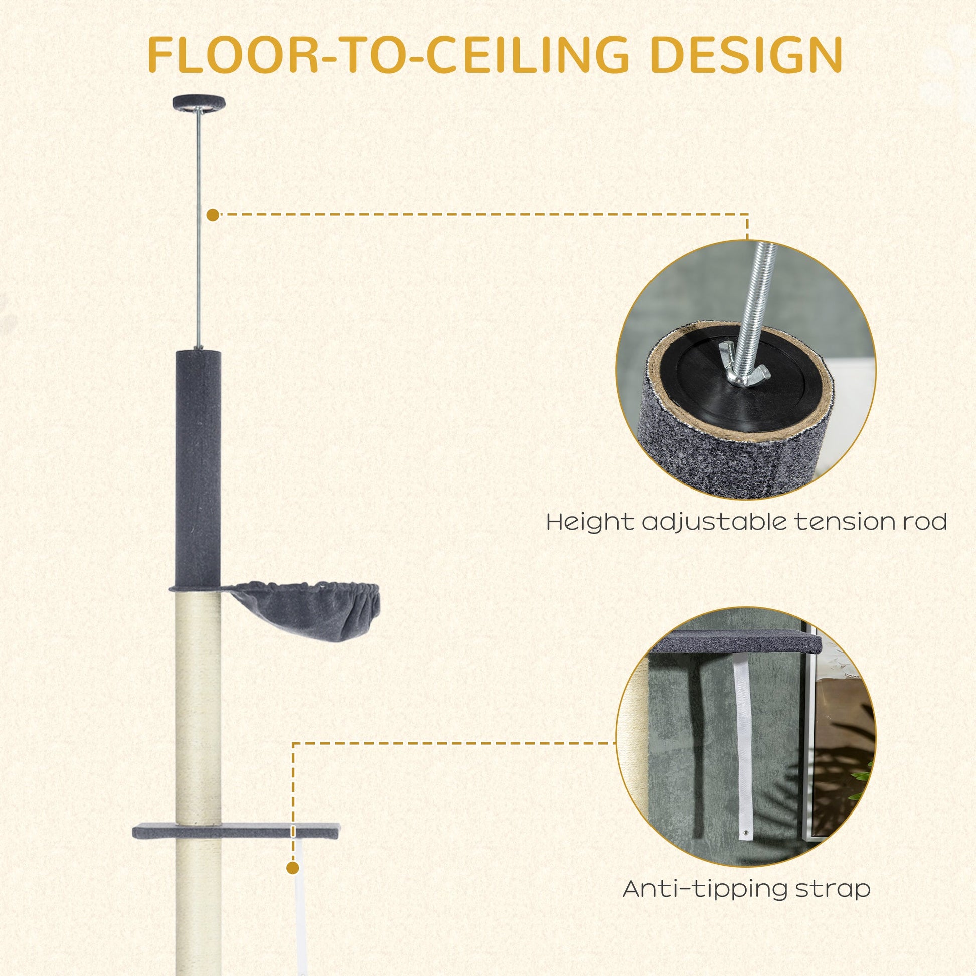 KFX-5083325 Adjustable Floor-to-Ceiling Cat Tree with Multi-Level Platforms, Scratching Posts, and Cozy Hammock - Dark Gray and Cream