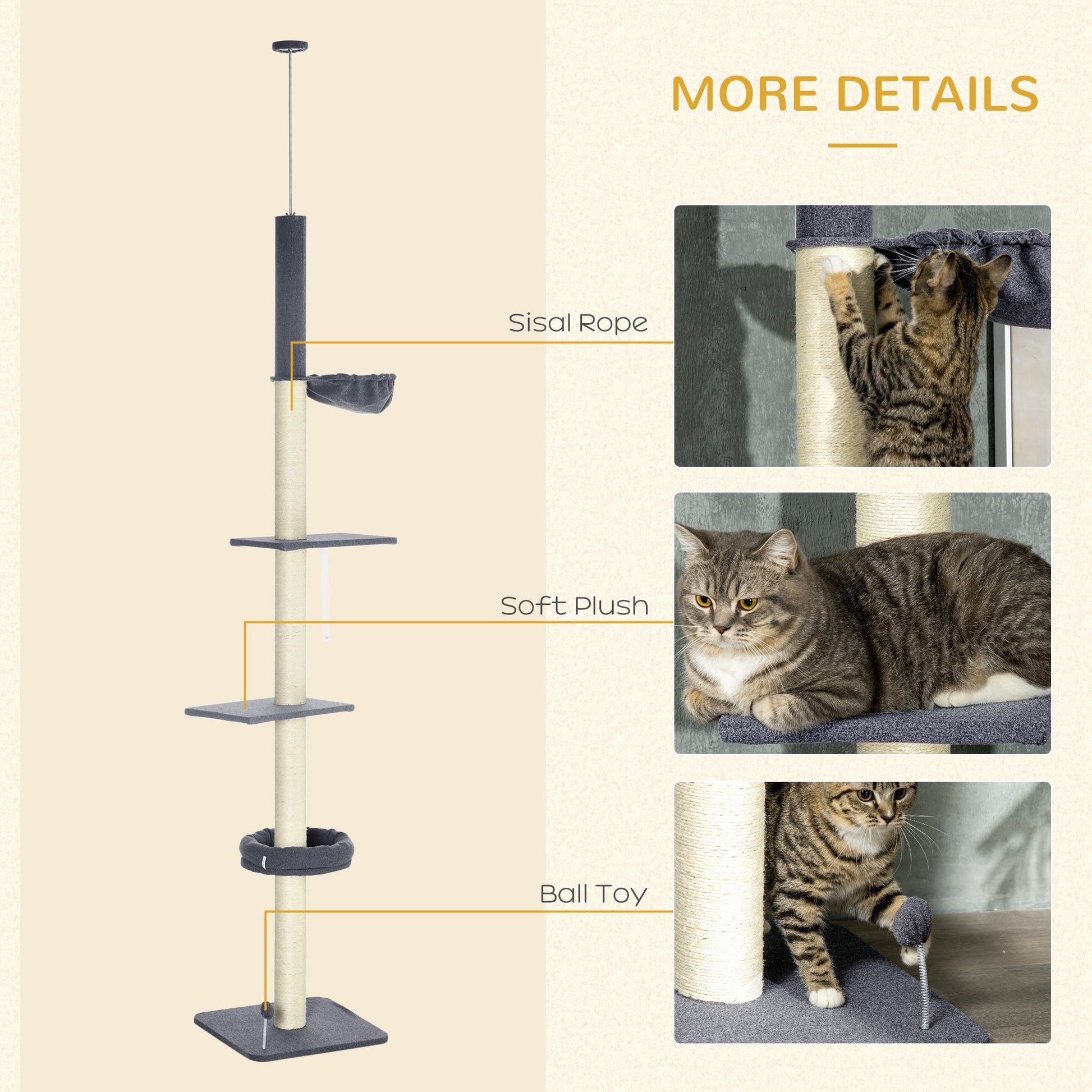 KFX-5083325 Adjustable Floor-to-Ceiling Cat Tree with Multi-Level Platforms, Scratching Posts, and Cozy Hammock - Dark Gray and Cream