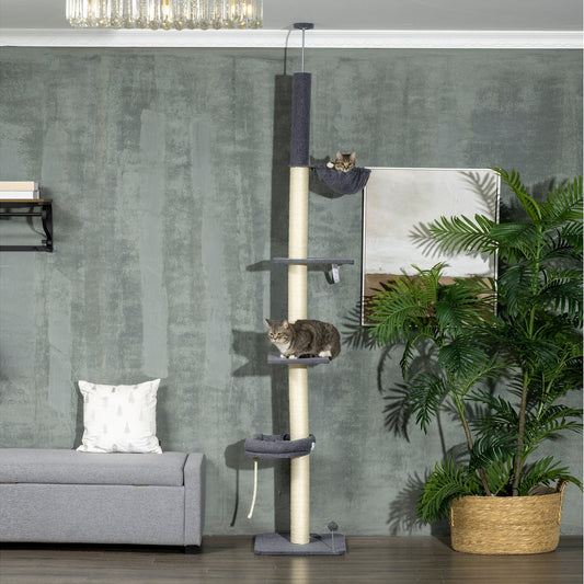 KFX-5083325 Adjustable Floor-to-Ceiling Cat Tree with Multi-Level Platforms, Scratching Posts, and Cozy Hammock - Dark Gray and Cream