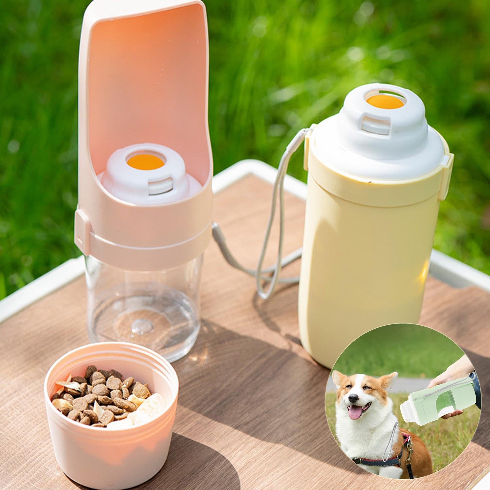 KFX-5085885 2-in-1 Portable Travel Dog Water Bottle and Food Dispenser with Lanyard for Outdoor Use